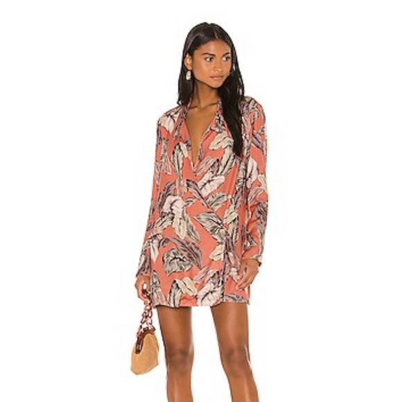 Beach Riot Dresses & Skirts - Beach Riot Women Coral Pink Tropical Palm Leaf Wrap Mini Dress Blazer Small